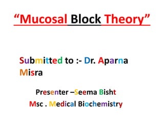 “Mucosal Block Theory”
Presenter –Seema Bisht
Msc . Medical Biochemistry
Submitted to :- Dr. Aparna
Misra
 