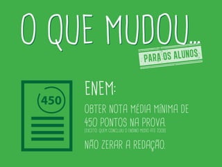 450
enem:
o candidato precisa obter nota
média mínima de 450 pontos.
exceto quem concluiu o ensino médio até 2009.
e não zerar a redação.
PARA OS ALUNOS
 