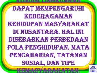 Kondisi lingkungan
  dapat mempengaruhi
      keberagaman
kehidupan masyarakat
  di Nusantara. Hal ini
disebabkan perbedaan
pola penghidupan, mata
 pencaharian, tatanan
     sosial, dan tipe
   kemasyarakatan.
 