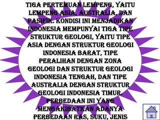 tiga pertemuan lempeng, yaitu
 lempeng Asia, Australia, dan
Pasifik. Kondisi ini menjadikan
 Indonesia mempunyai tiga tipe
  struktur geologi, yaitu tipe
Asia dengan struktur geologi
      Indonesia barat, tipe
     peralihan dengan zona
 geologi dan struktur geologi
   Indonesia tengah, dan tipe
  Australia dengan struktur
     geologi Indonesia timur.
       Perbedaan ini yang
    mengakibatkan adanya
   perbedaan ras, suku, jenis
 