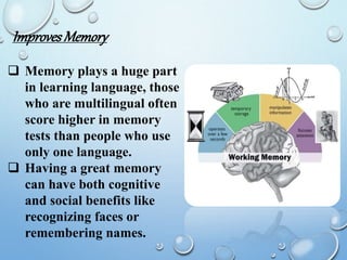 ImprovesMemory
 Memory plays a huge part
in learning language, those
who are multilingual often
score higher in memory
tests than people who use
only one language.
 Having a great memory
can have both cognitive
and social benefits like
recognizing faces or
remembering names.
 