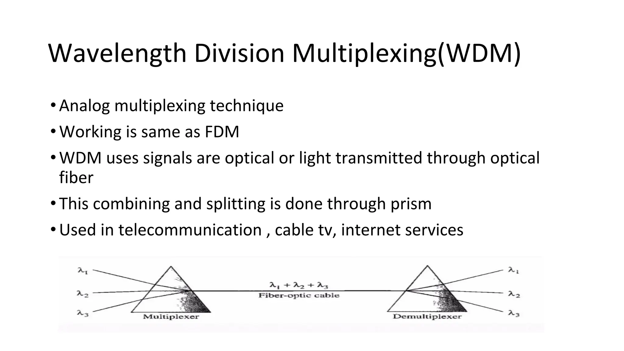 Wavelength Division Multiplexing(WDM)
•Analog multiplexing technique
•Working is same as FDM
•WDM uses signals are optical or light transmitted through optical
fiber
•This combining and splitting is done through prism
•Used in telecommunication , cable tv, internet services
 