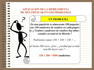 APLICACIÓN DE LA HERRAMIENTA
DE MULTIPLICAR EN LOS PROBLEMAS
En una papelería se almacenan 180 paquetes
con 150 cuadernos de cuadros en cada paque-
te. ¿ Cuántos cuadernos de cuadros hay alma -
cenados en total en la librería ?
Podríamos sumar 150 + 150 + 150 + …
así hasta 180 veces , pero…¿verdad que es más
sencillo hacer esto ? :
150 x 180 = 9000 cuadernos.
UN PROBLEMA
 