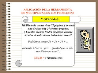 APLICACIÓN DE LA HERRAMIENTA
DE MULTIPLICAR EN LOS PROBLEMAS
Mi álbum de coches tiene 72 páginas y en cada
una de ellas hay 24 cromos pegados.
¿ Cuántos cromos tendrá mi álbum cuando
termine de coleccionar todos los cromos ?
Podríamos sumar 24 + 24 + 24 + ...
así hasta 72 veces , pero…¿verdad que es más
sencillo hacer esto ? :
72 x 24 = 1728 pasajeros
Y OTRO MÁS ...
 