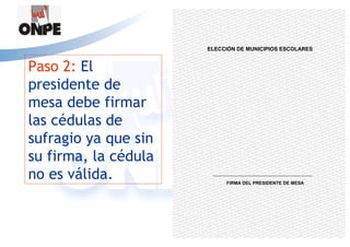 ELECCIÓN DE MUNICIPIOS ESCOLARES


Paso 2: El
presidente de
mesa debe firmar
las cédulas de
sufragio ya que sin
su firma, la cédula
no es válida.              FIRMA DEL PRESIDENTE DE MESA
 