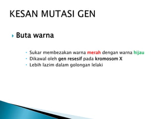    Buta warna

       Sukar membezakan warna merah dengan warna hijau
       Dikawal oleh gen resesif pada kromosom X
       Lebih lazim dalam golongan lelaki
 