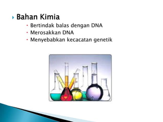    Bahan Kimia
       Bertindak balas dengan DNA
       Merosakkan DNA
       Menyebabkan kecacatan genetik
 
