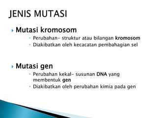    Mutasi kromosom
        Perubahan- struktur atau bilangan kromosom
        Diakibatkan oleh kecacatan pembahagian sel



   Mutasi gen
        Perubahan kekal- susunan DNA yang
         membentuk gen
        Diakibatkan oleh perubahan kimia pada gen
 