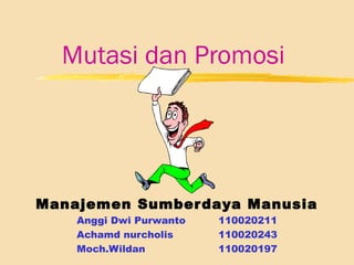 Mutasi dan Promosi

Manajemen Sumber daya Manusia
Anggi Dwi Purwanto
Achamd nurcholis
Moch.Wildan

110020211
110020243
110020197

 