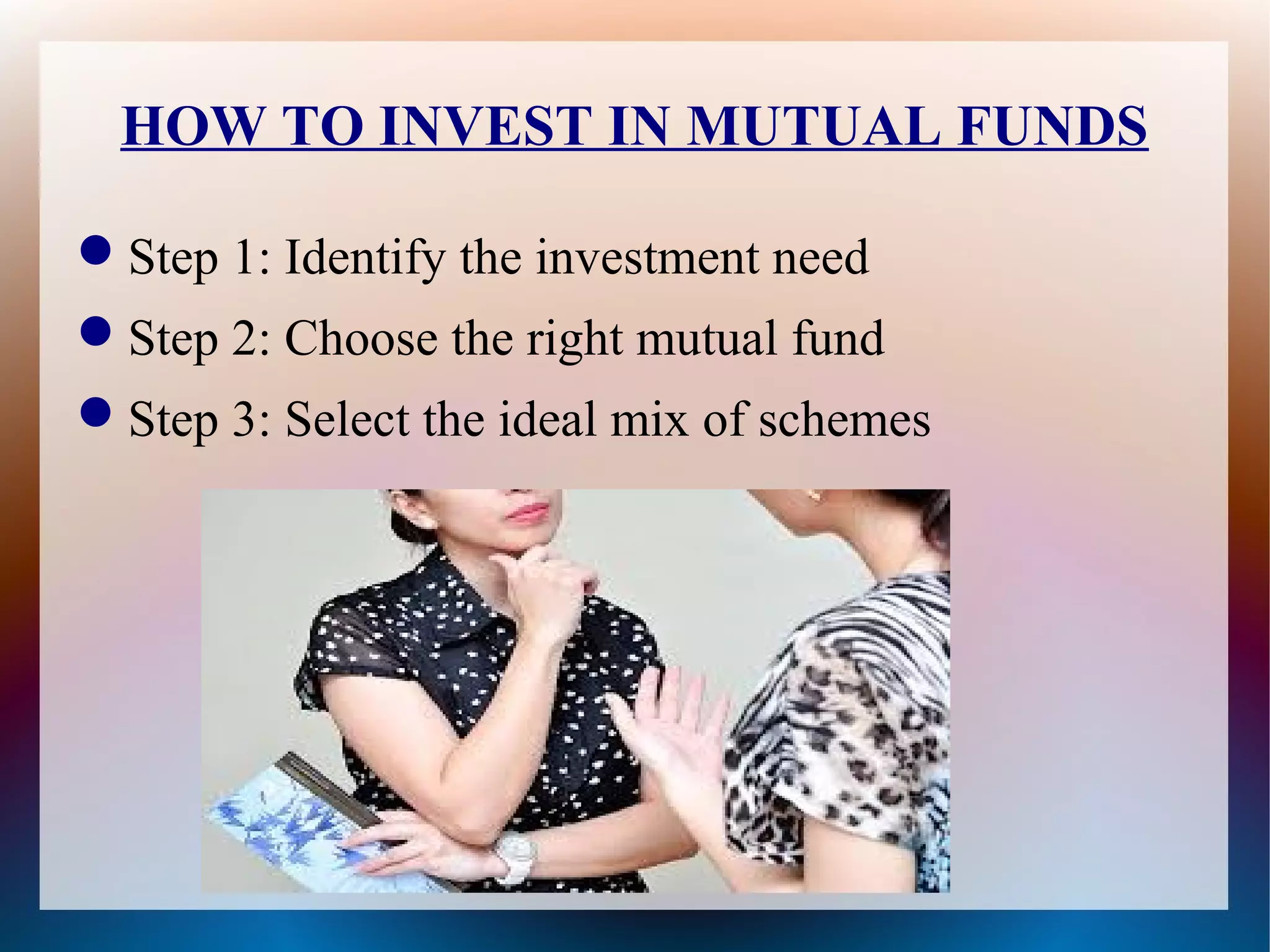 HOW TO INVEST IN MUTUAL FUNDS 
Step 1: Identify the investment need 
Step 2: Choose the right mutual fund 
Step 3: Select the ideal mix of schemes 
 
