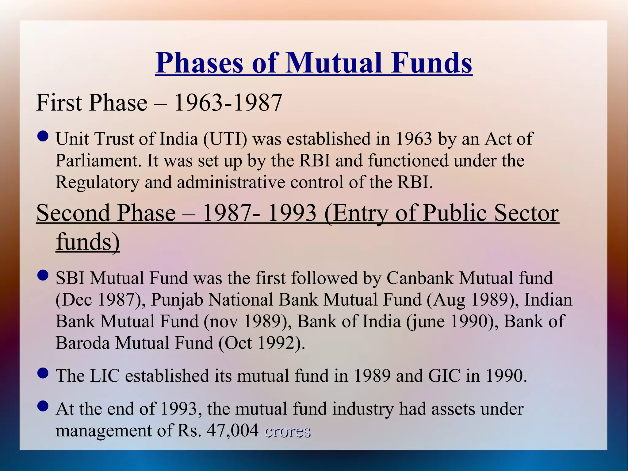 Phases of Mutual Funds 
First Phase – 1963-1987 
Unit Trust of India (UTI) was established in 1963 by an Act of 
Parliament. It was set up by the RBI and functioned under the 
Regulatory and administrative control of the RBI. 
Second Phase – 1987- 1993 (Entry of Public Sector 
funds) 
SBI Mutual Fund was the first followed by Canbank Mutual fund 
(Dec 1987), Punjab National Bank Mutual Fund (Aug 1989), Indian 
Bank Mutual Fund (nov 1989), Bank of India (june 1990), Bank of 
Baroda Mutual Fund (Oct 1992). 
The LIC established its mutual fund in 1989 and GIC in 1990. 
At the end of 1993, the mutual fund industry had assets under 
management of Rs. 47,004 ccrroorreess 
 