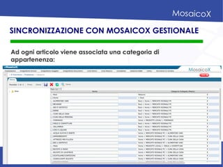 SINCRONIZZAZIONE CON MOSAICOX GESTIONALE
Ad ogni articolo viene associata una categoria di
appartenenza:
 