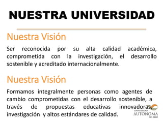 NUESTRA UNIVERSIDAD
Nuestra Visión
Ser reconocida por su alta calidad académica,
comprometida con la investigación, el desarrollo
sostenible y acreditado internacionalmente.
Nuestra Visión
Formamos integralmente personas como agentes de
cambio comprometidas con el desarrollo sostenible, a
través de propuestas educativas innovadoras,
investigación y altos estándares de calidad.
 