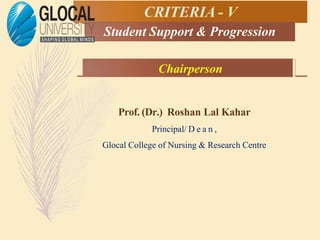 Student Support & Progression
Prof. (Dr.) Roshan Lal Kahar
Principal/ D e a n ,
Glocal College of Nursing & Research Centre
Chairperson
 