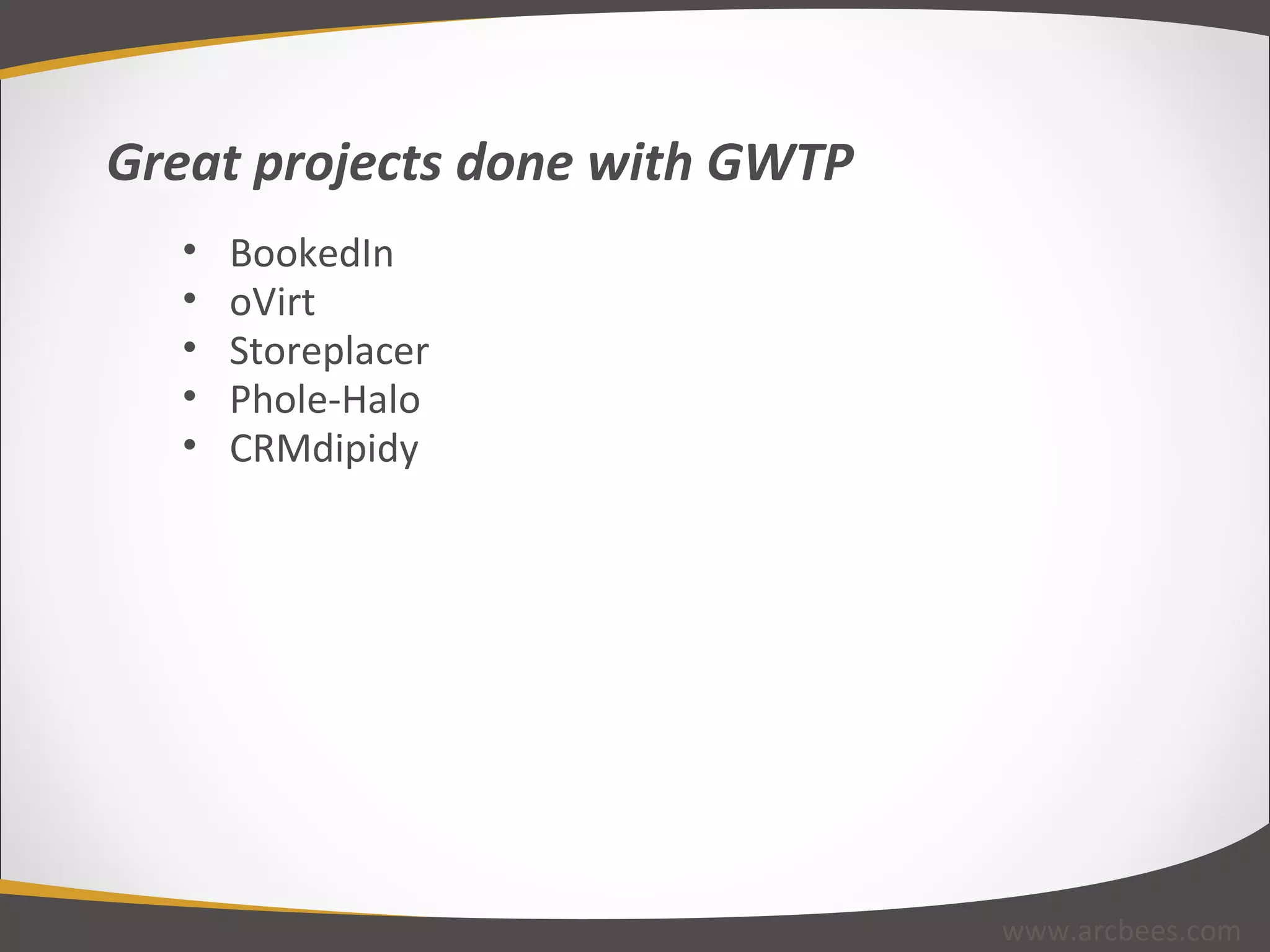 BookedIn oVirt Storeplacer Phole-Halo CRMdipidy Great projects done with GWTP www.arcbees.com 