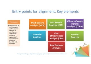 Prioritisation
• Identification	of	
activities	with	
multi-sector	co-
benefits	for	
development	
and	climate	
resilience
• Appraisal	of	
economic/non-
economic	
benefits	and	
tradeoffs
Governance
• Coordination	
mechanisms
• Institutional	
mandates
• Policy	
Framework
• Alignment	of	
budgets	and	
integration	of	
CC
• Awareness	of	
CC
Capacities
• Joint	Skills	
assessment
• Comprehensive	
long-term	
capacity	
development	
• ToT approach
Financing	
Frameworks
• Use	of	financing	
scenarios	and	
diagnostics
• Engagement	of	
private	sector
• Public-private	
partnership	
options	and	
blended	
financing
Monitoring	and	
reporting
• M&E	systems	in	
place
• Common	
indicators
• What	vehicles	
to	report	to	
UNFCCC
• Sharing	of	
experience	with	
other	countries
Cost	
Effectiveness	
Analysis	(CEA)
Cost	Benefit	
Analysis	(CBA)
Climate	Change	
Benefit	
Analysis	(CCBA)
Financial	
Analysis
Multi	Criteria	
Analysis	(MCA)
Real	Options	
Analysis
Gender	
Analysis
Entry	points	for	alignment:	Key	elements
 