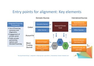 Integrated	financing	
Frameworks
• Use	of	financing	
scenarios	and	
diagnostics
• Engagement	of	
private	sector
• Public-private	
partnership	
options	and	
blended	financing
Capacities
• Joint	Skills	
assessment
• Comprehensive	
long-term	capacity	
development	
• ToT approach
Monitoring	and	
reporting
• M&E	systems	in	
place
• Common	
indicators
• What	vehicles	to	
report	to	UNFCCC
• Sharing	of	
experience	with	
other	countries
Governance
• Coordination	
mechanisms
• Institutional	
mandates
• Policy	Framework
• Awareness	of	CC
Entry	points	for	alignment:	Key	elements
 