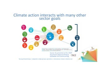 Climate	action	interacts	with	many	other	
sector	goals
Source:	As	presented at	the	UNDP	
Asia-Pacific	Regional	dialogue,	
GEOMAR/	ICSU (forthcoming)
 
