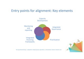 Entry	points	for	alignment:	Key	elements
Capacity	
Development
Integrated	
Governance
Prioritization
Integrated	
financing	
Frameworks
Monitoring	
and	
reporting
 