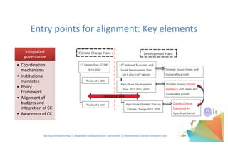 Integrated	
governance
• Coordination	
mechanisms
• Institutional	
mandates
• Policy	
Framework
• Alignment	of	
budgets	and	
integration	of	CC
• Awareness	of	CC
Capacities
• Joint	Skills	
assessment
• Comprehensive	
long-term	
capacity	
development	
• ToT approach
Financing	
Frameworks
• Use	of	financing	
scenarios	and	
diagnostics
• Engagement	of	
private	sector
• Alignment	of	
budgets	and	
integration	of	CC
Monitoring	and	
reporting
• M&E	systems	in	
place
• Common	
indicators
• What	vehicles	to	
report	to	
UNFCCC
• Sharing	of	
experience	with	
other	countries
Entry	points	for	alignment:	Key	elements
 