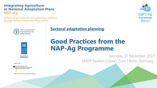Integrating Agriculture in National Adaptation Plans
Sectoral adaptation planning
Good Practices from the
NAP-Ag Programme
Monday, 13 November 2017
UNDP Pavilion | Green Zone | Bonn, Germany
 