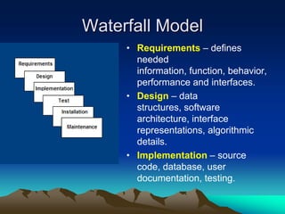Waterfall Model
     • Requirements – defines
       needed
       information, function, behavior,
       performance and interfaces.
     • Design – data
       structures, software
       architecture, interface
       representations, algorithmic
       details.
     • Implementation – source
       code, database, user
       documentation, testing.
 