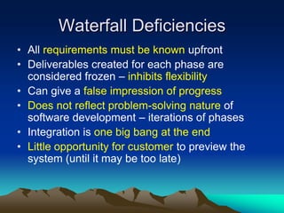 Waterfall Deficiencies
• All requirements must be known upfront
• Deliverables created for each phase are
  considered frozen – inhibits flexibility
• Can give a false impression of progress
• Does not reflect problem-solving nature of
  software development – iterations of phases
• Integration is one big bang at the end
• Little opportunity for customer to preview the
  system (until it may be too late)
 