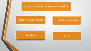 TUJUAN PEMBELAJARAN
QUIZ
MATERI
SILAHKAN KLIK SALAH SATU TOMBOL
KOMPETENSI DASAR
 