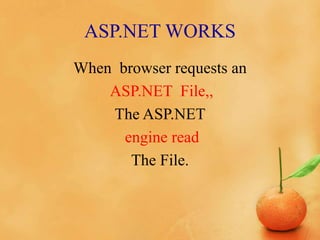 ASP.NET WORKS
When browser requests an
ASP.NET File,,
The ASP.NET
engine read
The File.
 