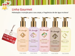 Linha Gourmet
Hidratação e nutrição para o seu corpo, e fragrâncias de dar água na boca!
 