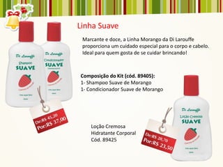 Linha Suave
 Marcante e doce, a Linha Morango da Di Larouffe
 proporciona um cuidado especial para o corpo e cabelo.
 Ideal para quem gosta de se cuidar brincando!



Composição do Kit (cód. 89405):
1- Shampoo Suave de Morango
1- Condicionador Suave de Morango




    Loção Cremosa
    Hidratante Corporal
    Cód. 89425
 