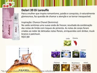 Delari 39 Di Larouffe
                   Para a mulher que inspira romantismo, paixão e conquista, é naturalmente
                   glamourosa, faz questão de chamar a atenção e se tornar inesquecível.

                   Inspiração: Chance Chanel (feminino)
                   Na saída sentimos uma suave onda de frescor, resultado da combinação
                   das notas de limão com toques de pimenta. As notas de corpo foram
                   criadas ao redor de delicadas notas florais, enriquecidas com âmbar, musk
                   branco e patchouli.
                   R$57,80




*As marcas citadas são usadas apenas como referência
 