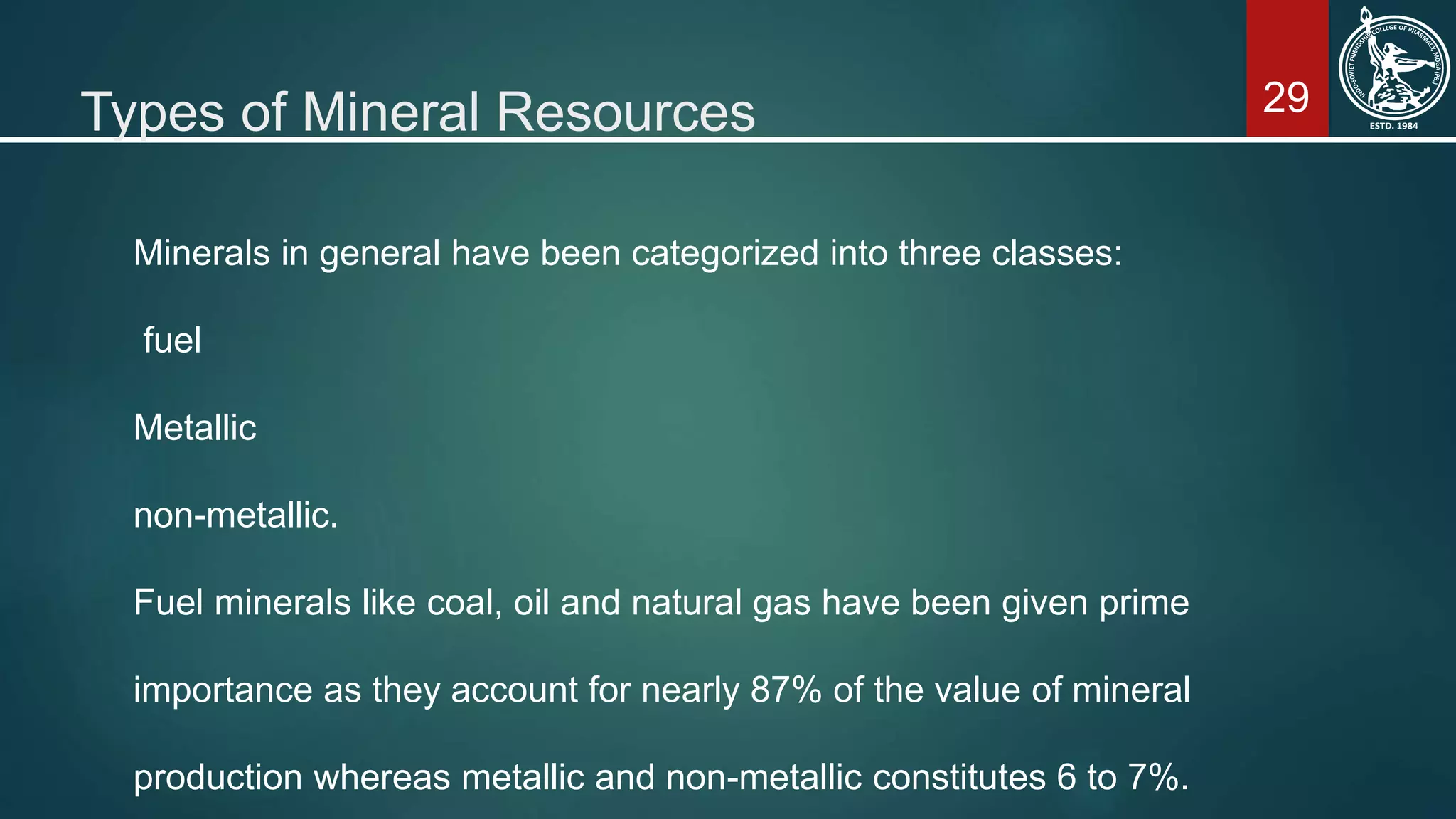 29Types of Mineral Resources
Minerals in general have been categorized into three classes:
fuel
Metallic
non-metallic.
Fuel minerals like coal, oil and natural gas have been given prime
importance as they account for nearly 87% of the value of mineral
production whereas metallic and non-metallic constitutes 6 to 7%.
 