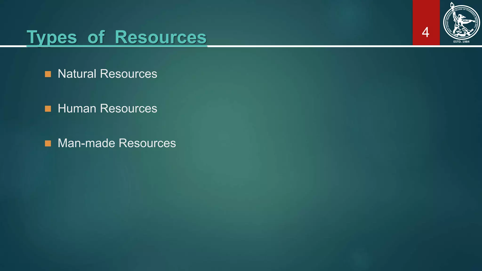 4Types of Resources
 Natural Resources
 Human Resources
 Man-made Resources
 
