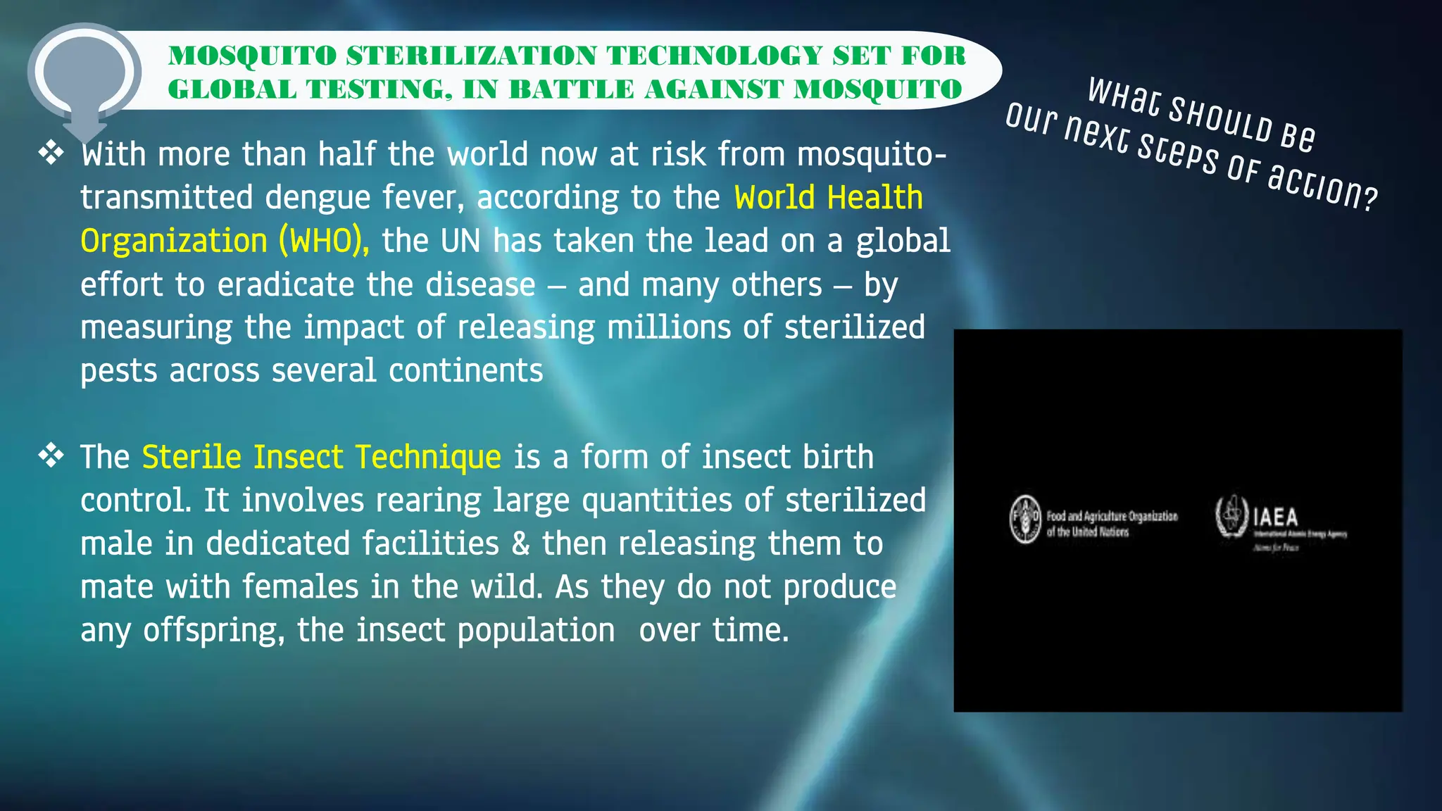  With more than half the world now at risk from mosquito-
transmitted dengue fever, according to the World Health
Organization (WHO), the UN has taken the lead on a global
effort to eradicate the disease – and many others – by
measuring the impact of releasing millions of sterilized
pests across several continents
 The Sterile Insect Technique is a form of insect birth
control. It involves rearing large quantities of sterilized
male in dedicated facilities & then releasing them to
mate with females in the wild. As they do not produce
any offspring, the insect population over time.
MOSQUITO STERILIZATION TECHNOLOGY SET FOR
GLOBAL TESTING, IN BATTLE AGAINST MOSQUITO
 