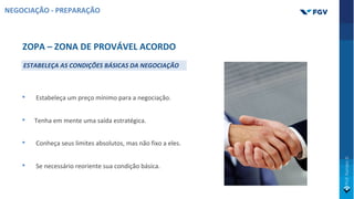 ZOPA – ZONA DE PROVÁVEL ACORDO
ESTABELEÇA AS CONDIÇÕES BÁSICAS DA NEGOCIAÇÃO
• Estabeleça um preço mínimo para a negociação.
• Tenha em mente uma saída estratégica.
• Conheça seus limites absolutos, mas não fixo a eles.
• Se necessário reoriente sua condição básica.
NEGOCIAÇÃO - PREPARAÇÃO
 