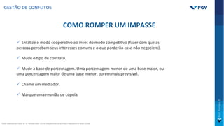 ü EnfaOze o modo cooperaOvo ao invés do modo compeOOvo (fazer com que as
pessoas percebam seus interesses comuns e o que perderão caso não negociem).
ü Mude o Opo de contrato.
ü Mude a base de porcentagem. Uma porcentagem menor de uma base maior, ou
uma porcentagem maior de uma base menor, porém mais previsível.
ü Chame um mediador.
ü Marque uma reunião de cúpula.
GESTÃO DE CONFLITOS
COMO ROMPER UM IMPASSE
Fonte: Adaptado pelo autor de: Dr. Michael Gibbs, CEO of Camp BizSmart on Winning in Negotiation & Sports (2018).
 