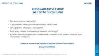 PERSONALIDADES E ESTILOS
DE GESTÃO DE CONFLITOS
• Com quem estamos negociando?
• O que sabemos sobre as pessoas da equipe do interlocutor?
• Como podemos influenciar a contraparte?
• Quais ações e etapas têm impacto na equipe do interlocutor?
• A escolha do estilo de negociação vai depender da importância dos próprios interesses e dos
interesses da outra parte.
Lembre-se: seu estilo de negociação deve ser autêntico e se adequar
à sua personalidade.
Fonte: Adaptado pelo autor de: GOLDBERG, L.R. (1990). An alternative “description of personality”: the Big-Five factor structure. Journal of Personality and Social Psychology, v.59, n.6: 1216-1229.
GESTÃO DE CONFLITOS
 