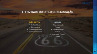 NÃO BASTA
ü Ter habilidade
ü Boa memória
ü Ótima comunicação
ü Controle emocional
PRECISA
ü Estar preparado
ü Ouvir
ü Ter expectativas
ü Ouvir
ü Integridade Pessoal
ü Ouvir
EFETIVIDADE DO ESTILO DE NEGOCIAÇÃO
 