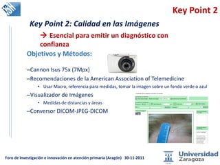 Key Point 2 Objetivos y Métodos: Cannon Isus 75x (7Mpx) Recomendaciones de la American Association of Telemedicine Usar Macro, referencia para medidas, tomar la imagen sobre un fondo verde o azul Visualizador de Imágenes  Medidas de distancias y áreas Conversor DICOM-JPEG-DICOM Key Point 2: Calidad en las Imágenes    Esencial para emitir un diagnóstico con confianza 