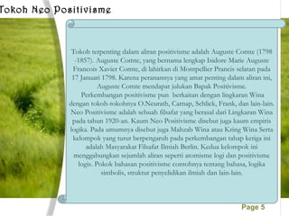 Page 5
Tokoh Neo Positivisme
Tokoh terpenting dalam aliran positivisme adalah Auguste Comte (1798
-1857). Auguste Comte, yang bernama lengkap Isidore Marie Auguste
Francois Xavier Comte, di lahirkan di Montpellier Prancis selatan pada
17 Januari 1798. Karena peranannya yang amat penting dalam aliran ini,
Auguste Comte mendapat julukan Bapak Positivisme.
Perkembangan positivisme pun berkaitan dengan lingkaran Wina
dengan tokoh-tokohnya O.Neurath, Carnap, Schlick, Frank, dan lain-lain.
Neo Positivisme adalah sebuah filsafat yang berasal dari Lingkaran Wina
pada tahun 1920-an. Kaum Neo Positivisme disebut juga kaum empiris
logika. Pada umumnya disebut juga Mahzab Wina atau Kring Wina Serta
kelompok yang turut berpengaruh pada perkembangan tahap ketiga ini
adalah Masyarakat Filsafat Ilmiah Berlin. Kedua kelompok ini
menggabungkan sejumlah aliran seperti atomisme logi dan positivisme
logis. Pokok bahasan positivisme contohnya tentang bahasa, logika
simbolis, struktur penyelidikan ilmiah dan lain-lain.
 