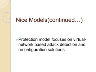 Nice Models(continued…)
Protection model focuses on virtual-
network based attack detection and
reconﬁguration solutions.
 