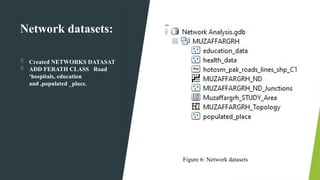 Network datasets:
 Created NETWORKS DATASAT
 ADD FERATH CLASS Road
‘hospitals, education
and ,populated _place.
Figure 6: Network datasets
 