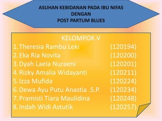 ASUHAN KEBIDANAN PADA IBU NIFAS
DENGAN
POST PARTUM BLUES

KELOMPOK V
1.Theresia Rambu Leki
2.Eka Ria Novita
3.Dyah Laela Nuraeni
4.Rizky Amalia Widayanti
5.Izza Mufida
6.Dewa Ayu Putu Anastia .S.P.
7.Pramisti Tiara Maulidina
8.Indah Widi Astutik

(120194)
(120200)
(120201)
(120211)
(120224)
(120234)
(120248)
(120257)

 