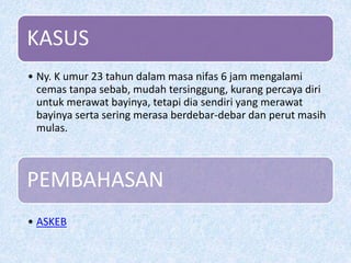 KASUS
• Ny. K umur 23 tahun dalam masa nifas 6 jam mengalami
cemas tanpa sebab, mudah tersinggung, kurang percaya diri
untuk merawat bayinya, tetapi dia sendiri yang merawat
bayinya serta sering merasa berdebar-debar dan perut masih
mulas.

PEMBAHASAN
• ASKEB

 