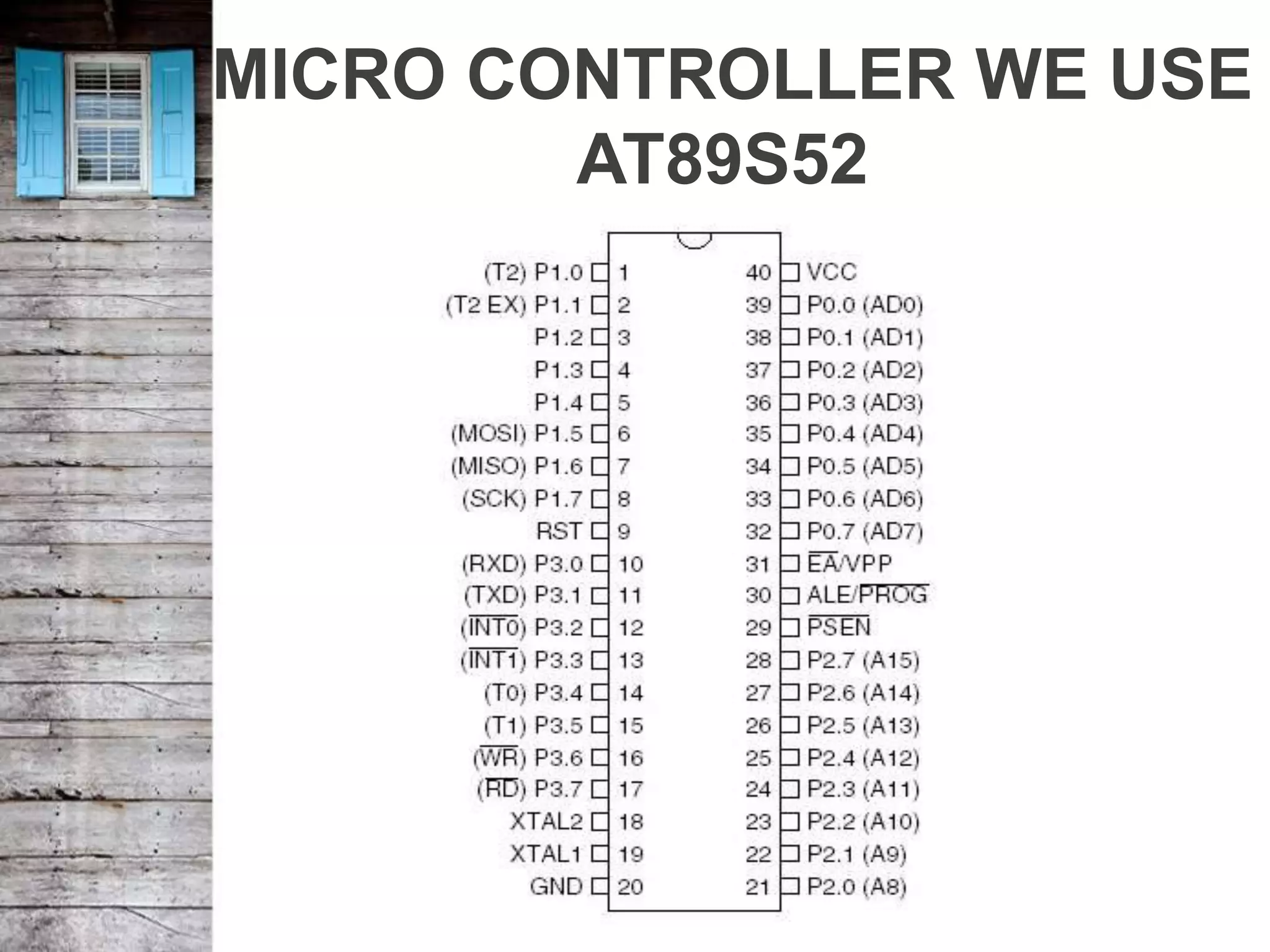 MICRO CONTROLLER WE USE
AT89S52
 