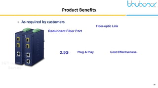 19
Product Benefits
 As required by customers
Up to
2.5G
Increased Bandwidth
Fiber-optic Link
Extends the Range of Network Deployment
Plug & Play Cost Effectiveness
DIP Switch
Redundant Fiber Port
IGT-x205AT
Series
 