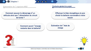 Chapitre 1
Présentation de l’organisme MG2 Contexte général du projet
5
GÉNIE ELECTRIQUE & CONTRÔLE DES SYSTÈMES INDUSTRIELS.
Comment assurer le démarrage d’un
véhicule ainsi que l’alimentation du circuit
de bords ?
Comment savoir l’énergie
restante dans la batterie?
Effectuer le bilan énergétique et puis
choisir la batterie convenable à notre
besoin
Estimation de l’état de
charge
 