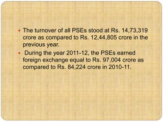  The turnover of all PSEs stood at Rs. 14,73,319 
crore as compared to Rs. 12,44,805 crore in the 
previous year. 
 During the year 2011-12, the PSEs earned 
foreign exchange equal to Rs. 97,004 crore as 
compared to Rs. 84,224 crore in 2010-11. 
 