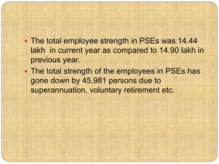  The total employee strength in PSEs was 14.44 
lakh in current year as compared to 14.90 lakh in 
previous year. 
 The total strength of the employees in PSEs has 
gone down by 45,981 persons due to 
superannuation, voluntary retirement etc. 
 